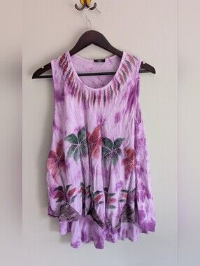 Vintage Pink & Purple Tie Dye Palm Tree Embroidered Flowy Sleeveless Shirt, OS